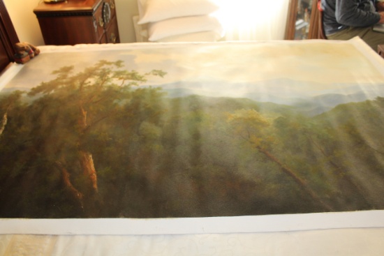Unframed Ron Williams Original Painting, Mountain Vista With Trees In Foreg