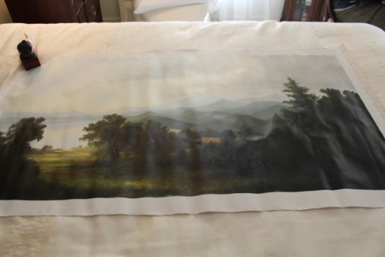 Unframed Ron Williams Original Painting, Mountain Lake Scene From Hillside,
