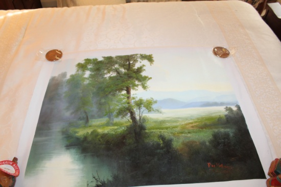 Unframed Ron Williams Original Painting, Mountain Vista With Trees In Foreg