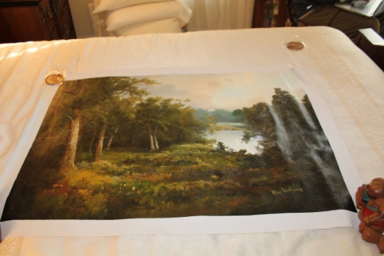 Unframed Ron Williams Original Painting, Mountain Lake Framed By Trees, 24.