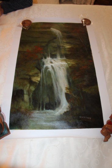 Unframed Ron Williams Original Painting, Mountain Waterfall Scene, 30" X 18
