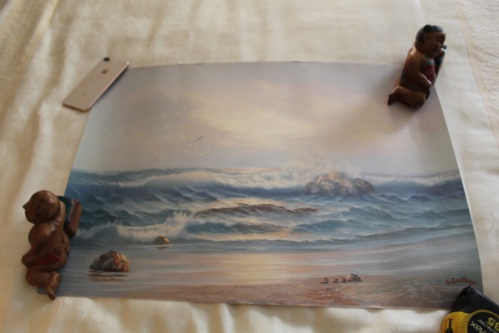 Unframed Print Signed By G. Cousteau, Beach With Surf, 27.5" X 19.75", Rol
