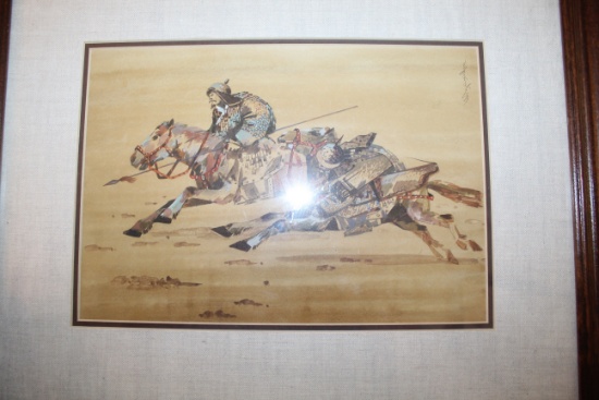 Framed Under Glass Artwork Signed (unknown Artist), From Mongolia, 2 Warrio