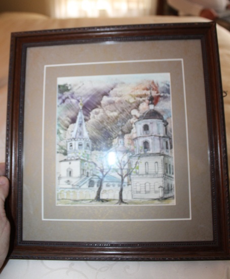 Framed Under Glass Unsigned Lithograph, European Cathedral, 12.25" X 13"