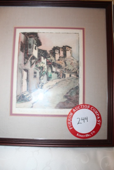 Framed Under Glass Unsigned Lithograph, Eastern European Street Scene, 13.7