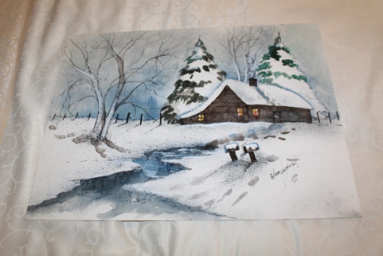 Unframed Anna Sandhu Ray Original Painting, Signed, Snow Covered Cabin With