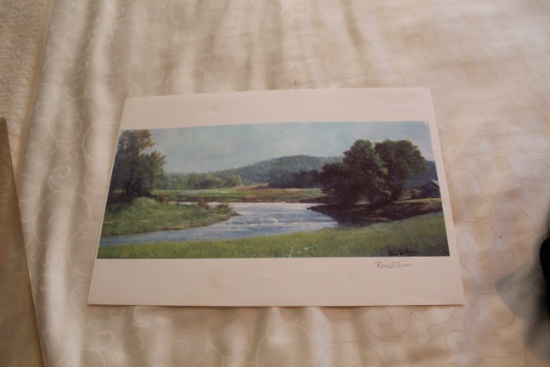 Unframed Ron Williams Print, Field With Stream, Barn & Mountains, 19" X 13"