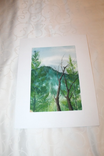 Matted Original Painting By John Cole From 1991, Mountain Scene, 10.75" X 1