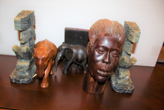 Collection Including, Green Stone Bookends, Wooden Elephant, Wooden African