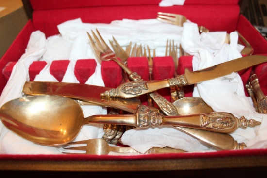 Collection Of Gold Accented Flatware, Unknown Maker, With Wooden Felt Lined