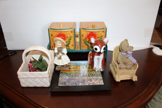 Collection Of Decorative Items, Wooden Box Set, Hand Painted Tile Wall Plaq