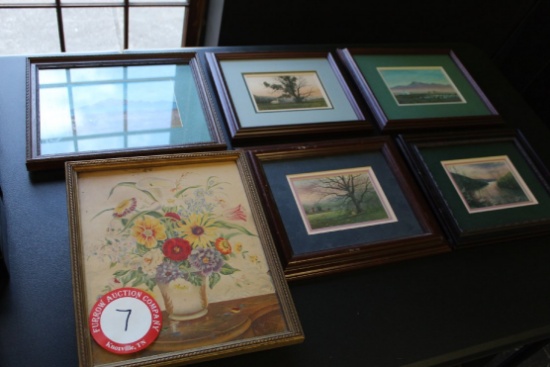 Pair Of Floral Oval Prints, Framed Postcard, Framed Floral Print & Wooden S