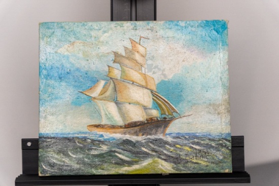 Hand Painted Canvas, Signed M. Batinic, 9.7" X 7.7", Sailboat, Unframed Pan