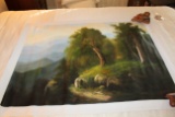 Unframed Ron Williams Original Painting, Mountains With Trees & Rocks In Fo