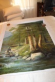 Unframed Ron Williams Original Painting, Wooded River Bank With Mountains I