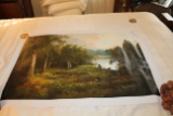 Unframed Ron Williams Original Painting, Mountain Lake Framed By Trees, 24.