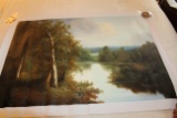 Unframed Ron Williams Original Painting, Mountain Pond With Trees In Foregr