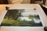 Unframed Ron Williams Original Painting, Lake From Bank With Mountains In B