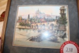 Framed Under Glass Print, Signed (unknown Artist), European Canal Scene Wit