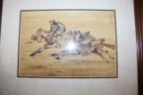 Framed Under Glass Artwork Signed (unknown Artist), From Mongolia, 2 Warrio