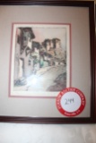 Framed Under Glass Unsigned Lithograph, Eastern European Street Scene, 13.7