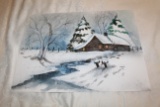 Unframed Anna Sandhu Ray Original Painting, Signed, Snow Covered Cabin With