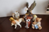 Collection Of Decorative Figurines, Two Dogs, Teddy Bear, Cherub, Eagle, N