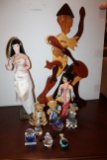 Collection Of Figurines, Wooden Wall Hanging, Two Dolls