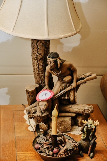 Contents Of End Table, Decorative Table Lamp With Native American Motif, Ca