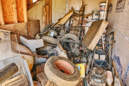Contents Of Outside Storage Area, 3 Push Mowers, Tires, Wheels, Etc.