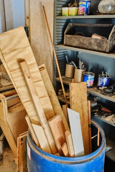 Two Metal Storage Cabinets, Assorted Tools, Scrap Wood, Fasteners, Bolts, E