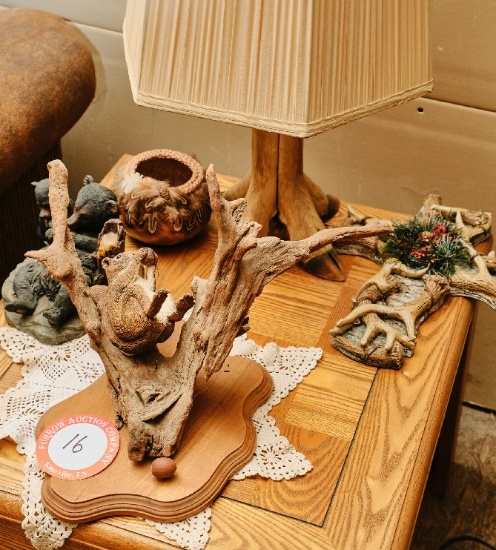 Contents Of End Table, Deer Leg Table Lamp, Decorative Bowl With Native Ame