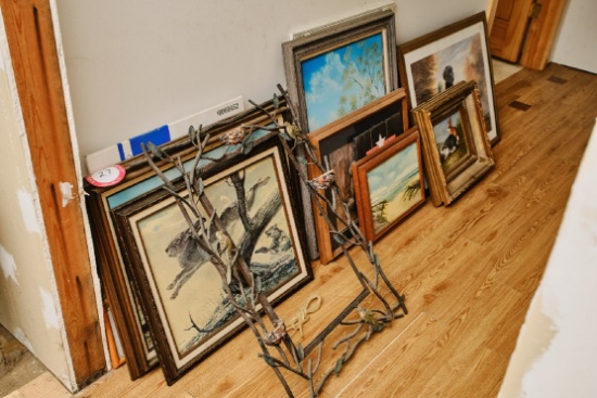 Miscellaneous Artwork, 9 Framed Prints, Metal Frame, Beveled Mirror, Etc.