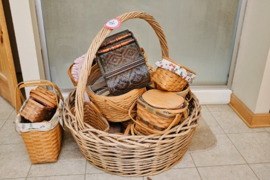 Assorted Wicker Baskets, Various Sizes & Decorative Items (in Bathroom)