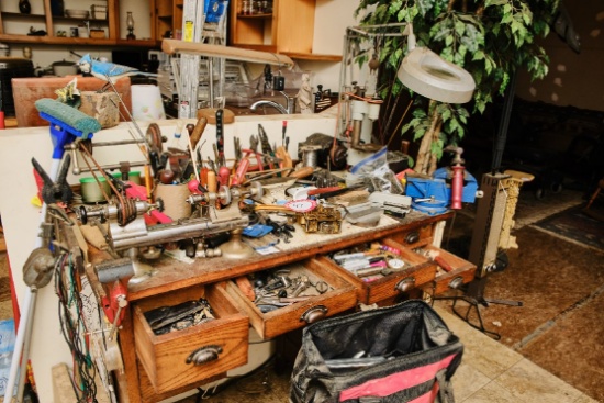 Wooden Work Table & Contents, Assorted Watch & Clock Making Tools, Lathe, M