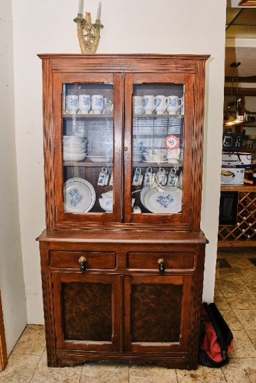Wooden China Cabinet Plus Contents, Pfaltzgraff Stoneware, Etc., 41" W X 17