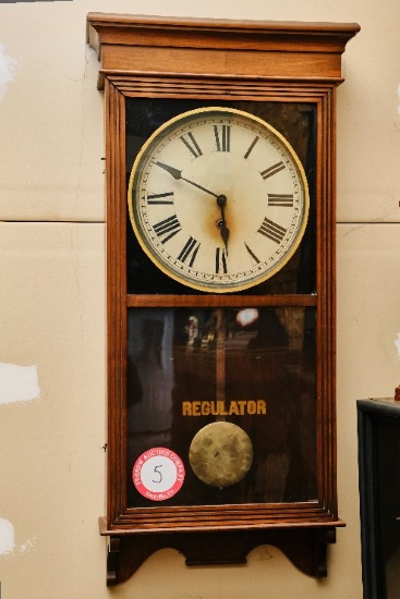 Regulator Wooden Grandfather Style Wall Clock With Pendulum, Walnut Finish,