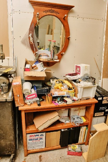 Wooden Table & Contents, Assorted Manuals, Fasteners, Miscellaneous Items,