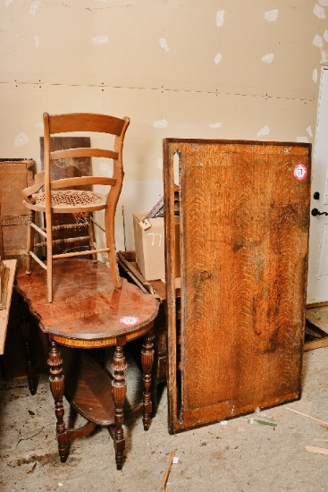 Oval Shaped Wooden Table With Bottom Shelf, Chair, Unassembled Desk, Etc.