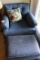 Upholstered Arm Chair with Matching Ottoman, Blue Fabric with Pattern