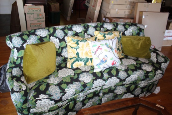 Upholstered Floral Print Sofa, 7' w x 3' d x 34" h