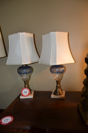 Pair of Blue/Clear cut Crystal lamps with marble bases