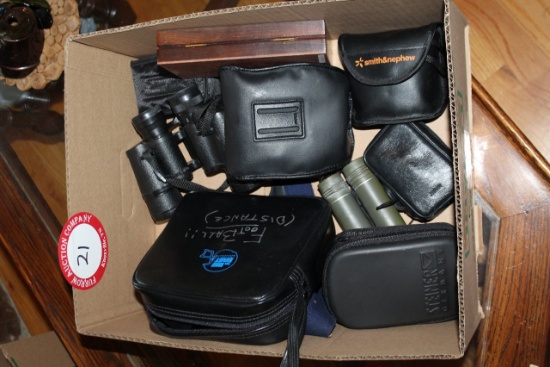 Box of Assorted Binoculars, 8 Pairs, plus Magnifying Glasses