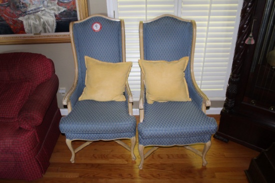 Two Wooden Framed Upholstered Side Arm Chairs