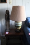 Wooden End Table plus Decorative Table Lamp with Shade, Wood Statue (broken