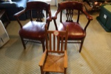 Two Wooden Framed Barrell Back Upholstered Arm Chairs plus Cane Bottom Chil