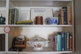 Contents of Shelves Behind Computer, Books, Decorative Items, Lamp, etc.