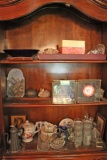 Contents of Hutch, Miscellaneous Porcelain Glassware, Art Glass Figurines,