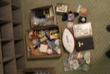 Contents of Box Assorted Sports Memorabilia, Buttons, Pins, Signed Football