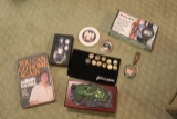 Two Boxes of Sports Memorabilia, Football Pins, Coaching Legends Signed Sou